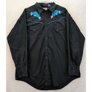 Ely Diamond San Antonio Rose Pearl Snap Western Cowboy Black W/ Blue Rose Sz XL
